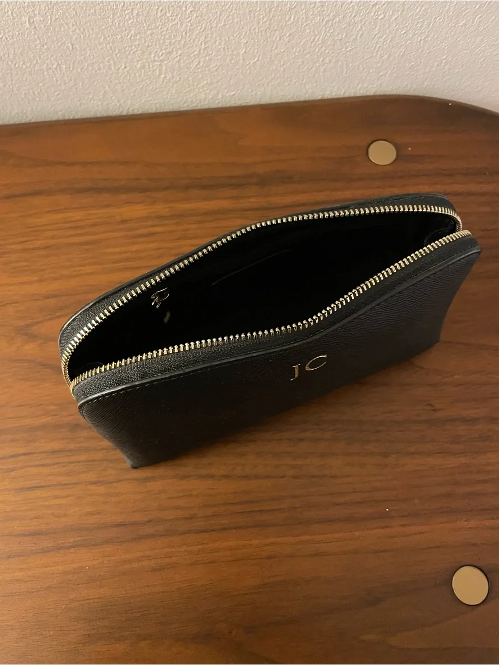 tde. Black Saffiano Cosmetic Zip Pouch with Gold Initials
